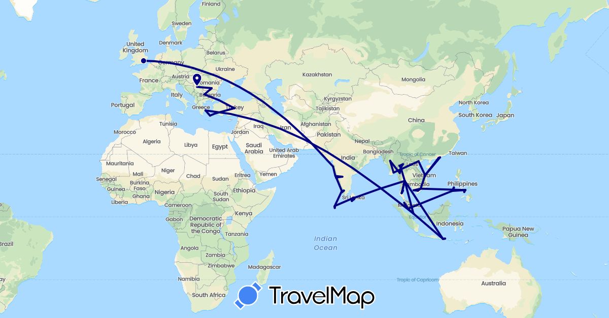 TravelMap itinerary: driving in Bulgaria, United Kingdom, Greece, Hong Kong, Indonesia, India, Sri Lanka, Myanmar (Burma), Macau, Maldives, Malaysia, Philippines, Romania, Serbia, Singapore, Thailand, Turkey, Vietnam (Asia, Europe)